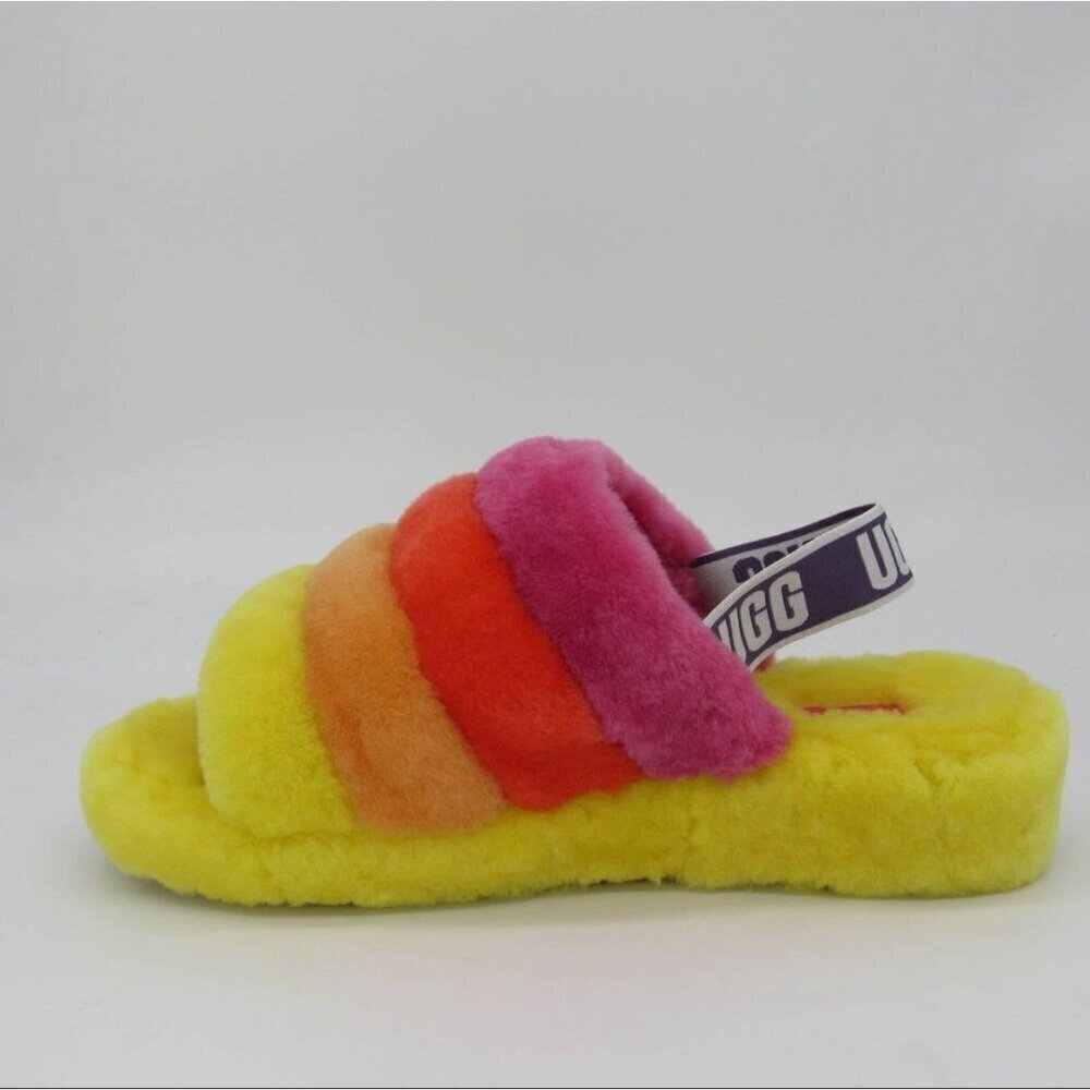 UGG WOMEN FLUFF YEAH SLIDE PRIDE RAINBOW YELLOW SANDAL Size 8.0 US - Picture 4 of 12